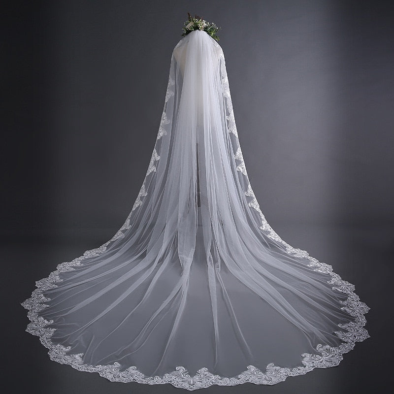 TulleLux Bridal Crowns & Accessories 2 Layers 3 Meters Long Satin Ribbon Edge White Ivory Wedding Bridal Veil Ivory / 300cm