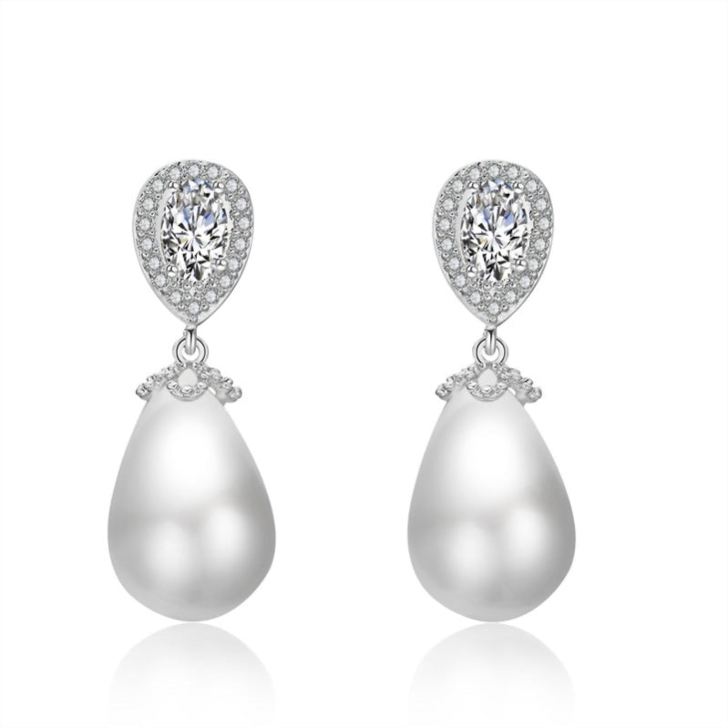 Imitation Pearl And Cubic Zirconia Water Drop  Fashion Ladies  Party Earrings