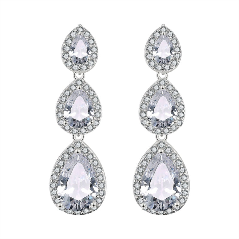 Fashion 3 PCS Water Drop Cubic Zirconia Long Dangle Earrings Bridal Wedding Party Jewelry