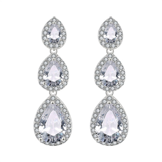 Fashion 3 PCS Water Drop Cubic Zirconia Long Dangle Earrings Bridal Wedding Party Jewelry