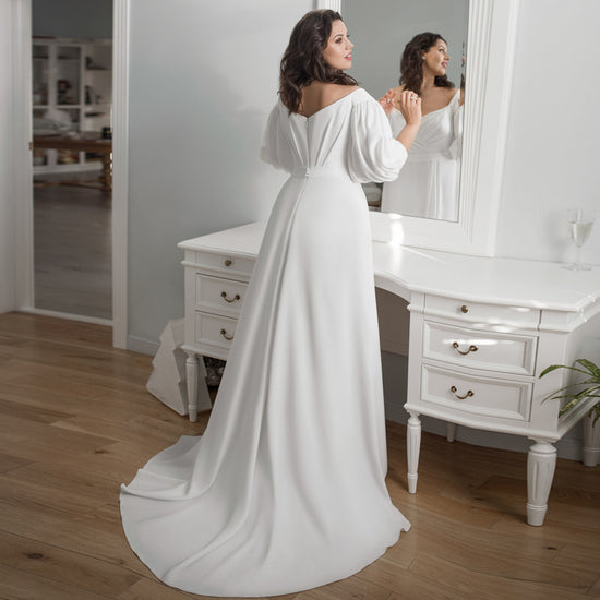 Plus Size Elegant A Line Wedding Dress Long Lantern Sleeves Satin Jersey Bridal Dress