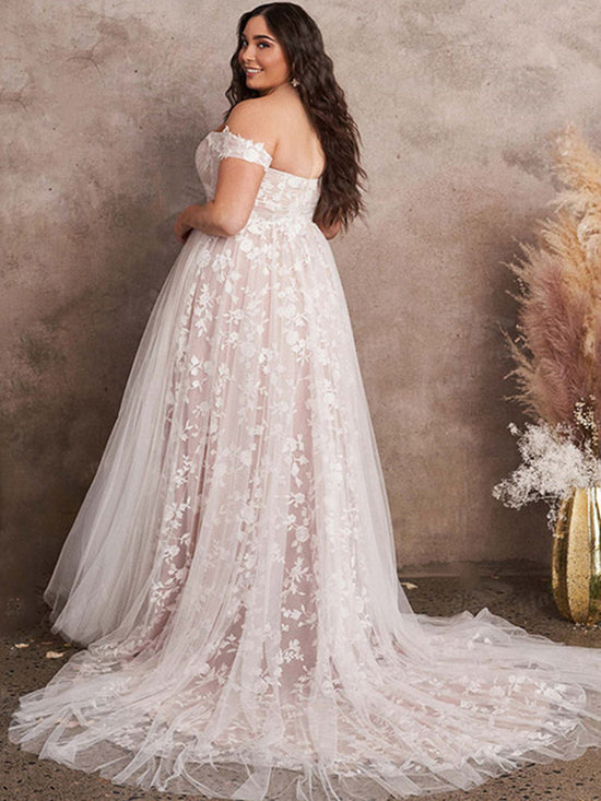 Off The Shoulder Lace Sweetheart Tulle A-Line Sweep Train Bridal Wedding Gown