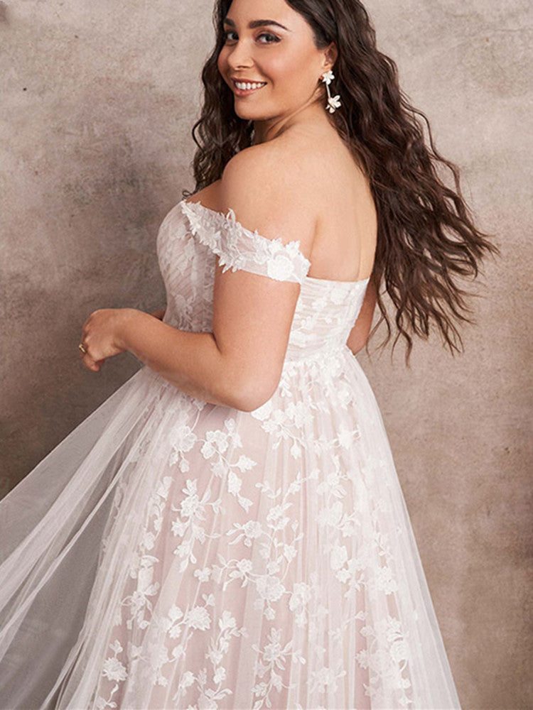 Off The Shoulder Lace Sweetheart Tulle A-Line Sweep Train Bridal Wedding Gown