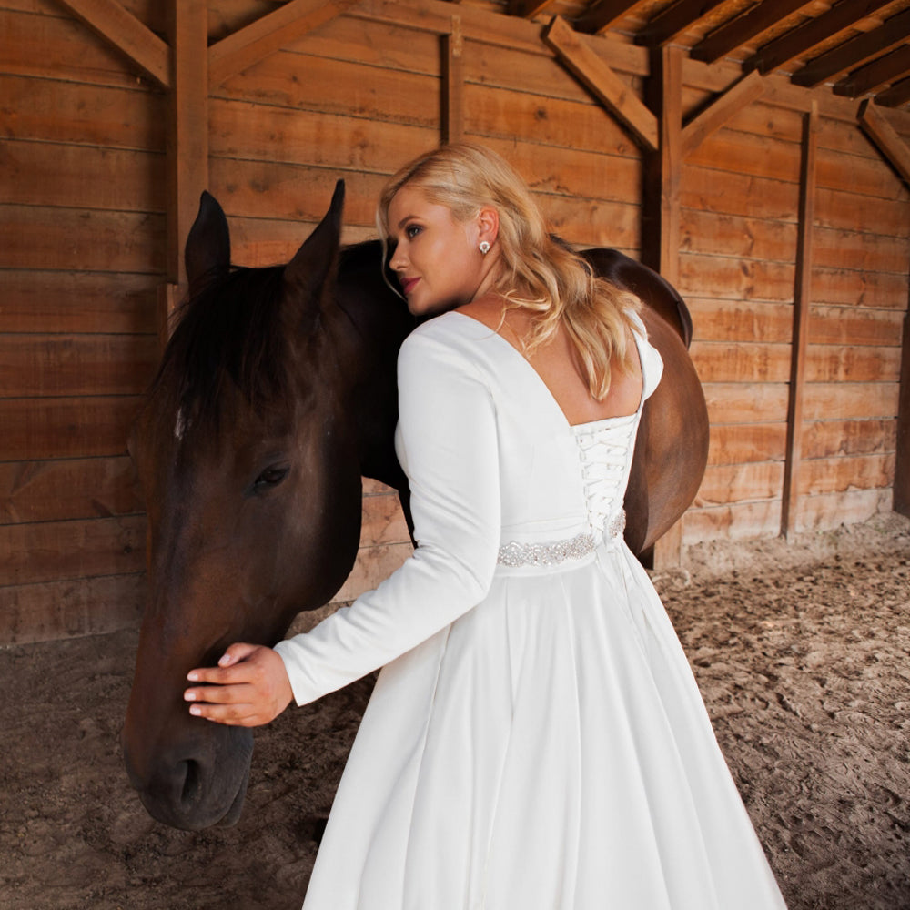Elegant Satin Long Sleeve Wedding Dress  O Neck Sweep Train Bridal Wedding Gown