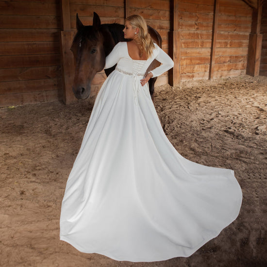 Elegant Satin Long Sleeve Wedding Dress  O Neck Sweep Train Bridal Wedding Gown