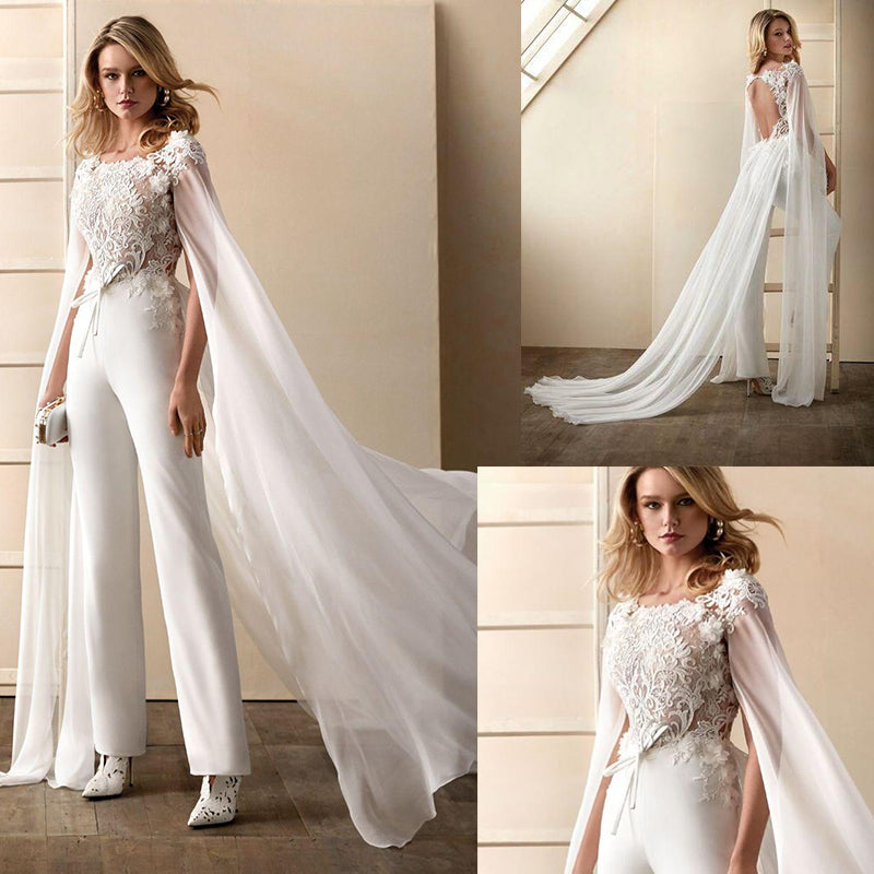 Elegant Lace Applique Wedding Jumpsuit with Train: Long Sleeve V-neck  Country Garden Bridal Pant Suit
