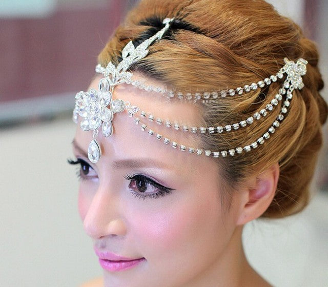 Clear Crystal Teardrop Dangle Forehead Tiara Bridal Wedding Crown