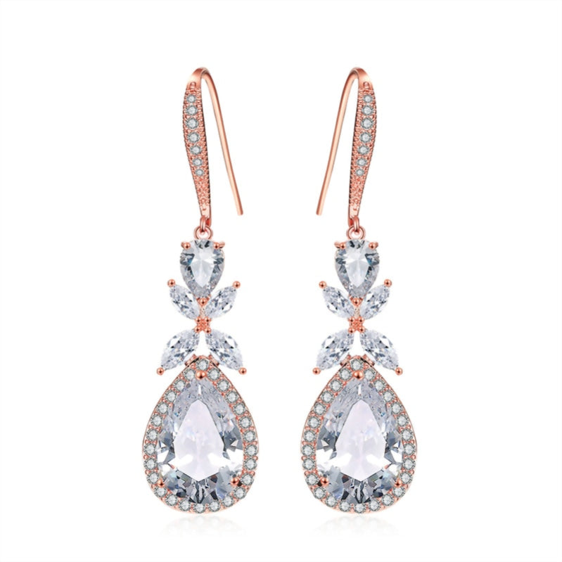 Shinny Water Drop Cubic Zirconia Leaf Hook Dangle Earrings Bridal Jewelry