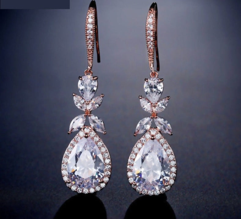 Shinny Water Drop Cubic Zirconia Leaf Hook Dangle Earrings Bridal Jewelry