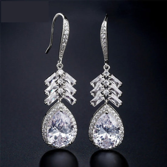 Shinny Water Drop Cubic Zirconia Leaf Hook Dangle Earrings Bridal Jewelry