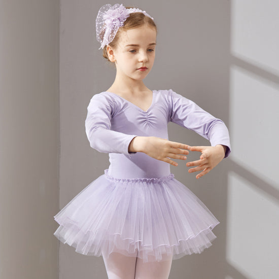 Long Sleeve Ballet Dance Dress for Young Girls, Cotton Tulle Leotard