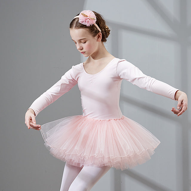 Long Sleeve Ballet Dance Dress for Young Girls, Cotton Tulle Leotard
