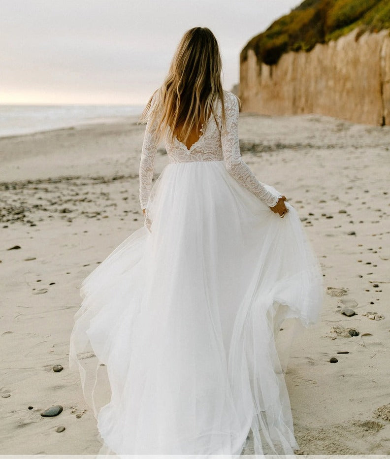 Lace A-Line Beach Wedding Dress Sweep Train Boho Bridal Wedding Gown ...