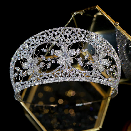 Luxury AAA Cubic Zirconia Bridal Tiaras Fascinator Stereoscopic Flower Tiara Crown