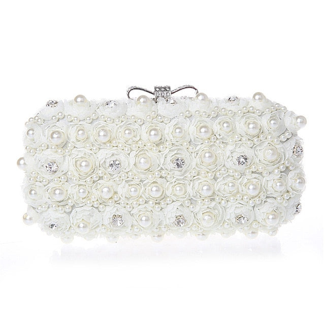 Load image into Gallery viewer, White Flower Evening Hand Bag Pearl Wedding Party Dressed Clutch Mini Purse - TulleLux Bridal Crowns &amp;amp;  Accessories 
