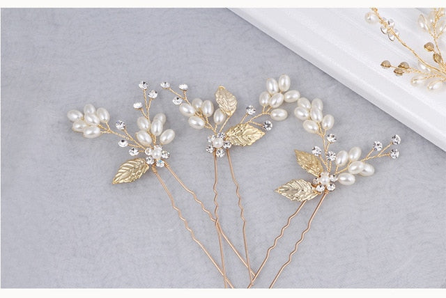 Gold Leaf Pearls Hair Vine Bridal Headband Wedding Hair Accessories - TulleLux Bridal Crowns &  Accessories 