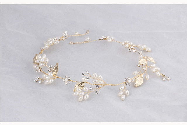 Gold Leaf Pearls Hair Vine Bridal Headband Wedding Hair Accessories - TulleLux Bridal Crowns &  Accessories 