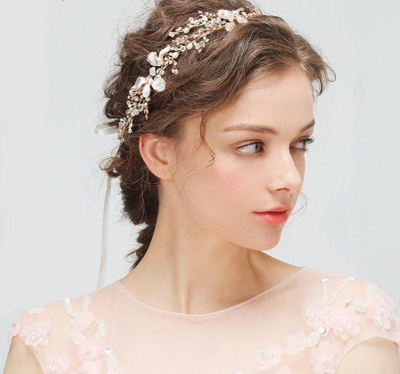 Gold Boho Leaf Hair Crown Wedding Headband Rhinestone Bridal Hair Vine Accessory - TulleLux Bridal Crowns &  Accessories 