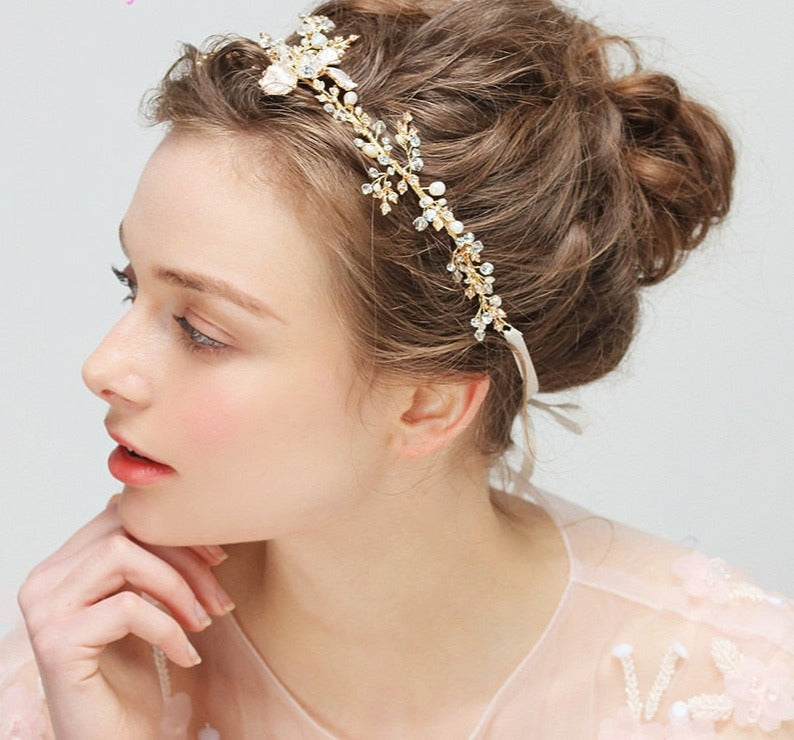Load image into Gallery viewer, Gold Boho Leaf Hair Crown Wedding Headband Rhinestone Bridal Hair Vine Accessory - TulleLux Bridal Crowns &amp;amp;  Accessories 

