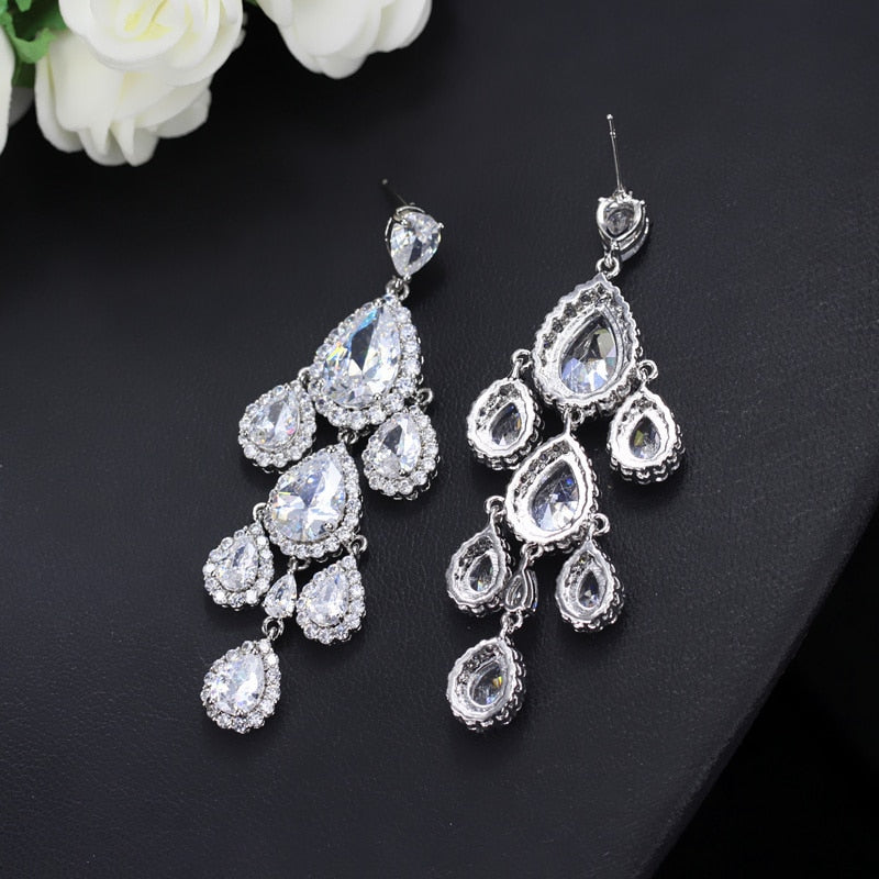 Long Chandelier Cubic Zirconia Water Drop Crystal Fashion Earrings - TulleLux Bridal Crowns &  Accessories 