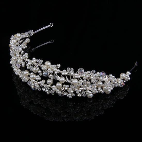 Baroque Style Bridal Crystal Pearl Flower Rhinestone Wedding Hair Accessories Silver Headband - TulleLux Bridal Crowns &  Accessories 
