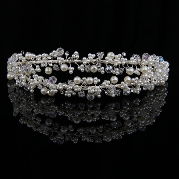 Baroque Style Bridal Crystal Pearl Flower Rhinestone Wedding Hair Accessories Silver Headband - TulleLux Bridal Crowns &  Accessories 