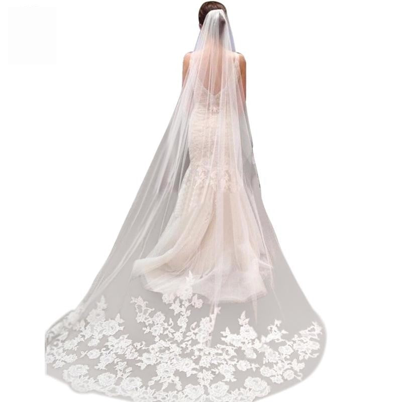 Vintage Style Applique Edge Long Two Layer Bridal Veil With Comb - TulleLux Bridal Crowns &  Accessories 