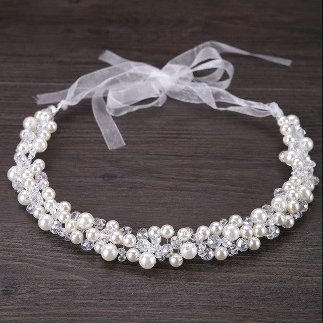 Load image into Gallery viewer, Crystal Bridal Headband Tiara Crown Wedding Hair Accessories Elegant Headpiece Pearls Hair Jewelry - TulleLux Bridal Crowns &amp;amp;  Accessories 
