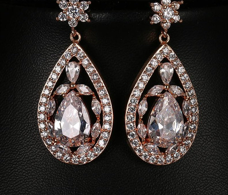 Large Water Drop Shape Flower Crystal Wedding Earrings - TulleLux Bridal Crowns &  Accessories 