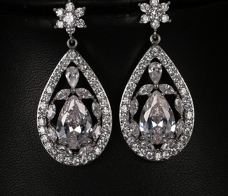 Load image into Gallery viewer, Large Water Drop Shape Flower Crystal Wedding Earrings - TulleLux Bridal Crowns &amp;amp;  Accessories 
