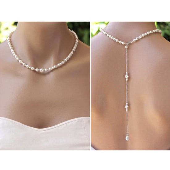 Simple Pearl Back Drop Chain  Long Back Necklace Pearl Wedding Bridal Jewelry - TulleLux Bridal Crowns &  Accessories 