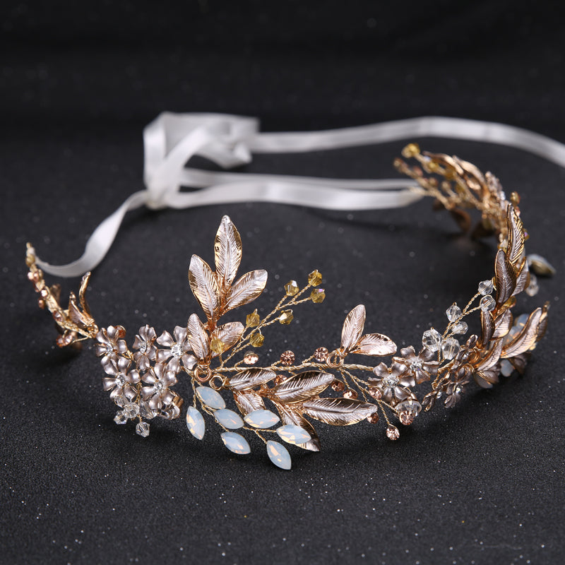 Load image into Gallery viewer, Champagne Crystal Bead Flower Bride Headband Hair Comb Princess Wedding Accessory - TulleLux Bridal Crowns &amp;amp;  Accessories 
