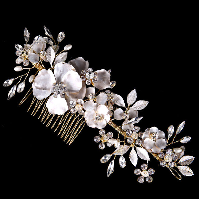 Luxury Wedding Bridal Hair Comb With Pearls Rhinestones and Flowers Floral Bridal - TulleLux Bridal Crowns &  Accessories 