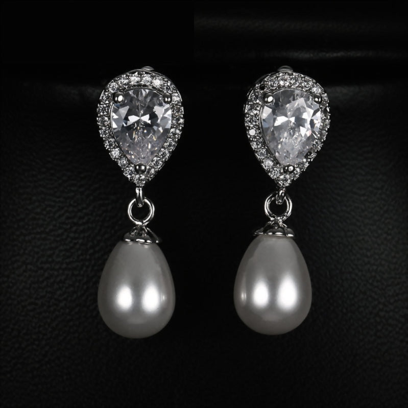 Luxury Elegant Water Drop Bridal Pearl AAA Cubic Zirconia Long Drop Earrings