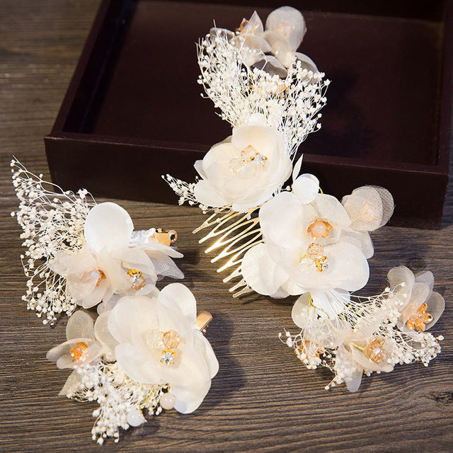Romantic Wedding Hair Accessories  Flowers Hair Comb With Crystal Hairpins Set - TulleLux Bridal Crowns &  Accessories 