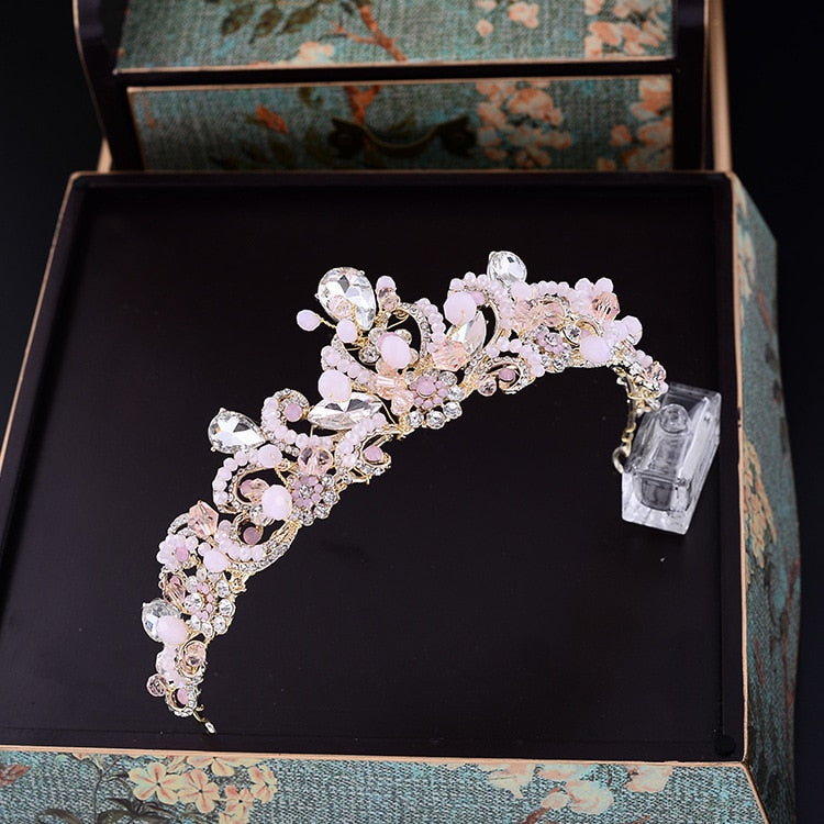 Girls Baroque Pink Crystal Bridal Crown Vintage Hair Accessories - TulleLux Bridal Crowns &  Accessories 