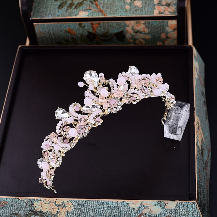 Load image into Gallery viewer, Girls Baroque Pink Crystal Bridal Crown Vintage Hair Accessories - TulleLux Bridal Crowns &amp;amp;  Accessories 

