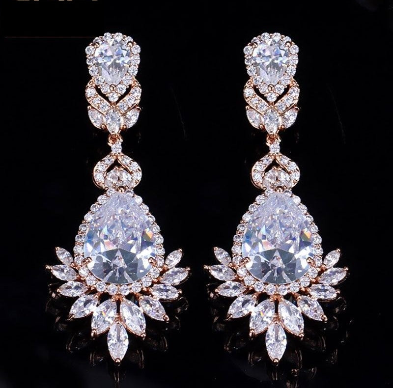 AAA Cubic Zirconia Rose Gold Long Dangle Drop Bridal Wedding Earrings Jewelry - TulleLux Bridal Crowns &  Accessories 