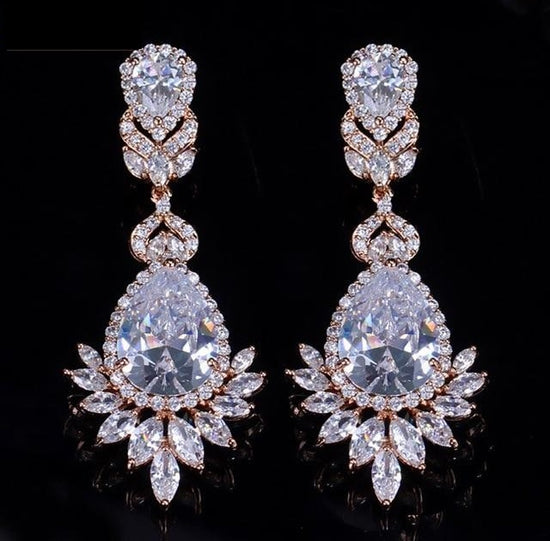 Load image into Gallery viewer, AAA Cubic Zirconia Rose Gold Long Dangle Drop Bridal Wedding Earrings Jewelry - TulleLux Bridal Crowns &amp;amp;  Accessories 
