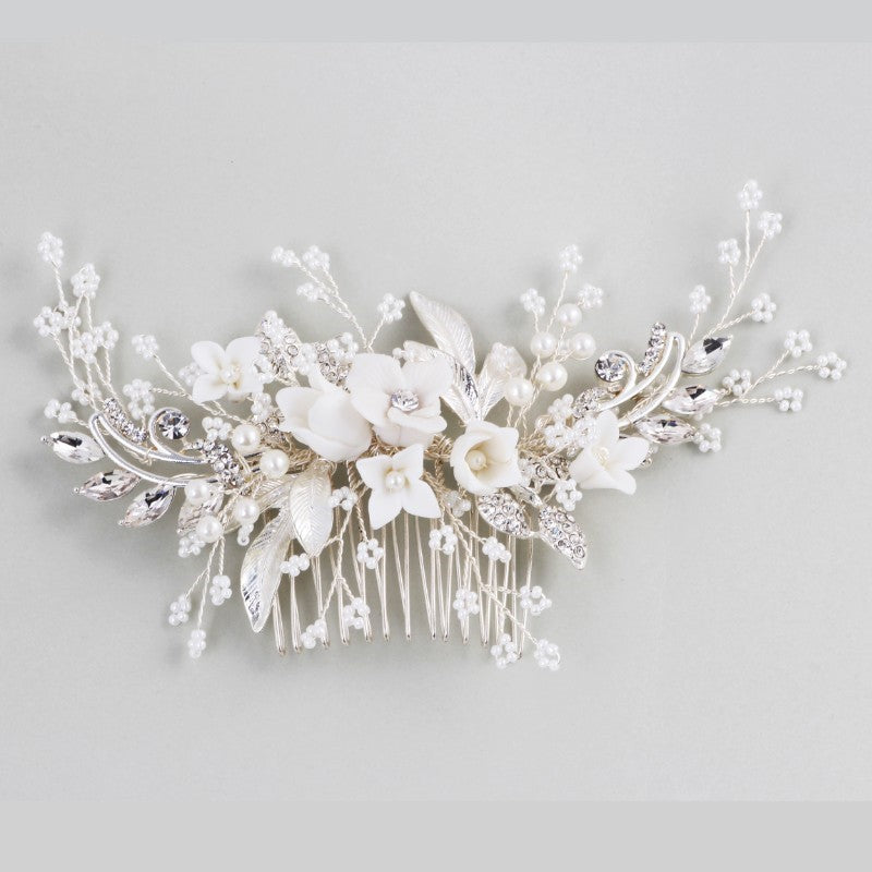 Load image into Gallery viewer, Stunning Floral Headpiece Bridal Silver Hair Comb Piece Pearls  Prom Hair Jewelry Wedding Accessories - TulleLux Bridal Crowns &amp;amp;  Accessories 
