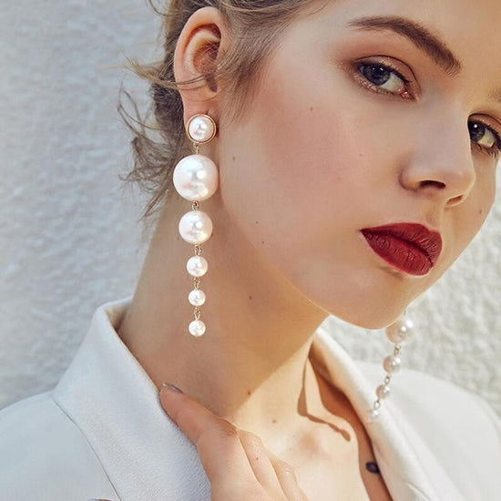 Load image into Gallery viewer, Big Simulated Pearl Long  Drop Earrings Elegant Pearls String - TulleLux Bridal Crowns &amp;amp;  Accessories 
