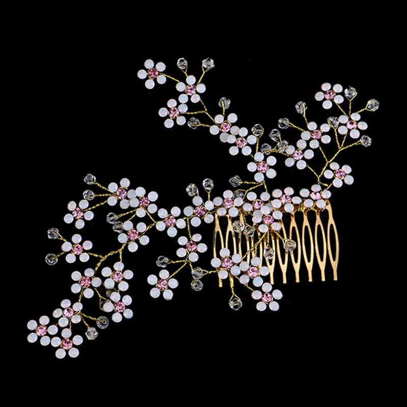 Romantic Wedding Bride Hair Comb Accessories Golden Flower Branch Rhinestone - TulleLux Bridal Crowns &  Accessories 