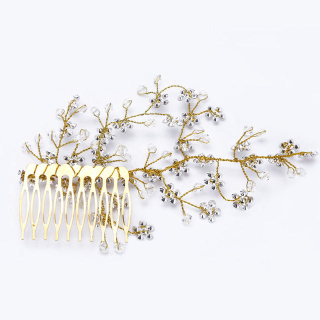 Romantic Wedding Bride Hair Comb Accessories Golden Flower Branch Rhinestone - TulleLux Bridal Crowns &  Accessories 