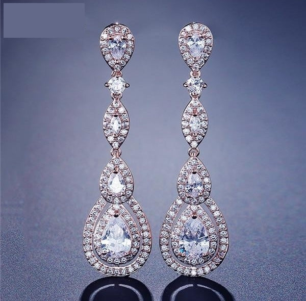 Load image into Gallery viewer, Luxury Water Drop Pear Cubic Zircon Long Dangles Drop Earrings Elegant Bridal Wedding Jewelry - TulleLux Bridal Crowns &amp;amp;  Accessories 
