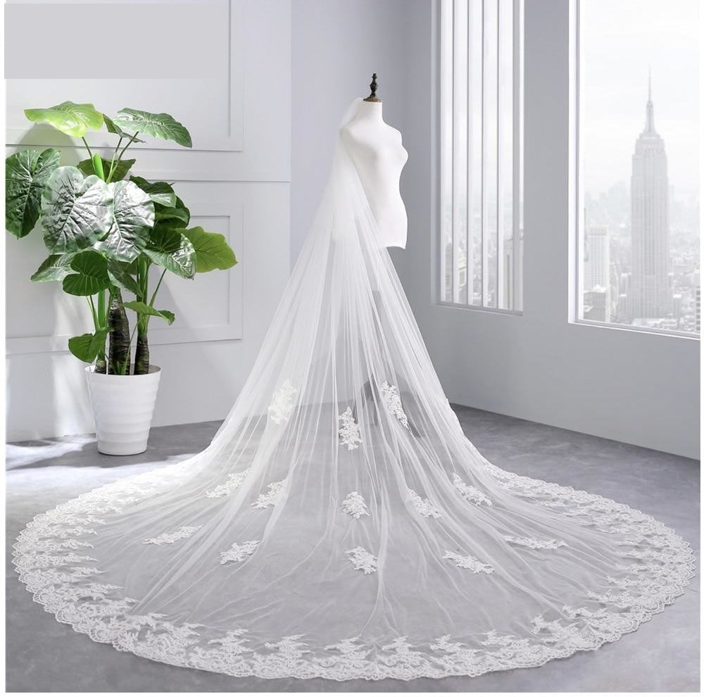 Load image into Gallery viewer, Luxurious White Ivory Lace Edge Cathedral Wedding Bridal Veil - TulleLux Bridal Crowns &amp;amp;  Accessories 
