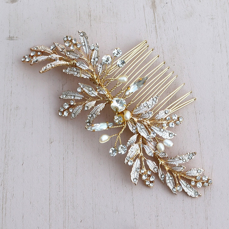 Gold Crystal Pearl Leaf Wedding Bridal Hair Comb - TulleLux Bridal Crowns &  Accessories 
