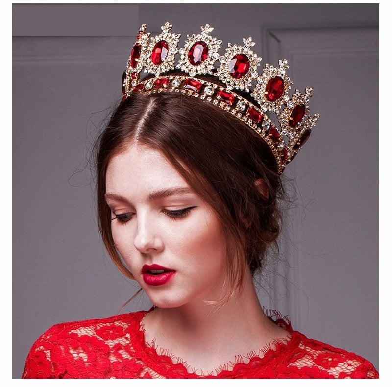 Load image into Gallery viewer, Baroque Red Crystal Rhinestone Full Round Queens Crown - TulleLux Bridal Crowns &amp;amp;  Accessories 
