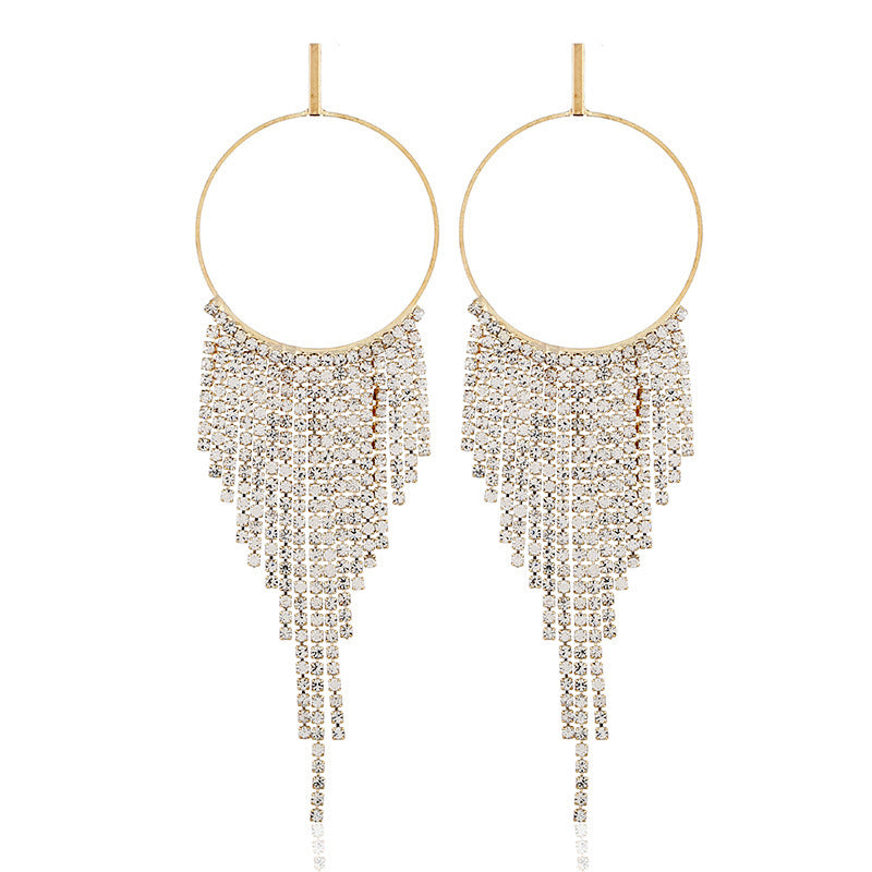 Crystal Long Tassel Hoop  Drop Dangle Big Rhinestone Party Earrings