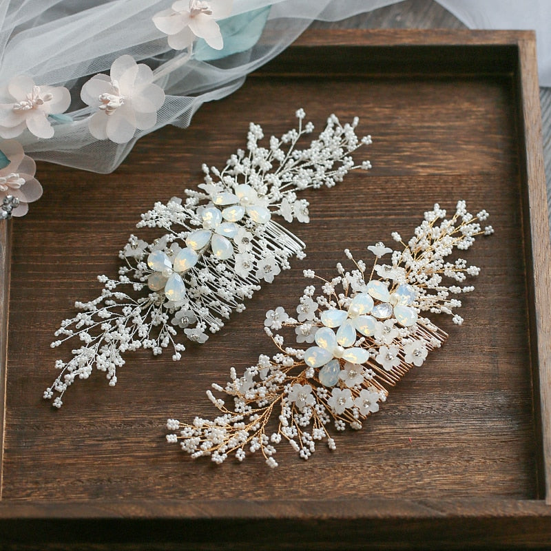 Gold Silver Floral Hair Comb  Tiny Beaded Wedding Hair Accessories Hand wired Bridal - TulleLux Bridal Crowns &  Accessories 