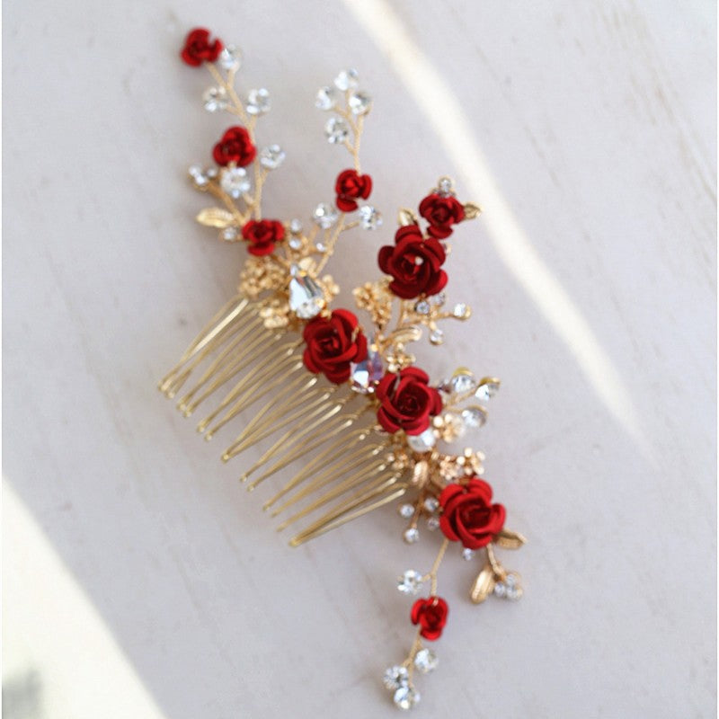 Red Rose Floral Headpiece Rhinestone Bridal Hair Comb Accessories - TulleLux Bridal Crowns &  Accessories 